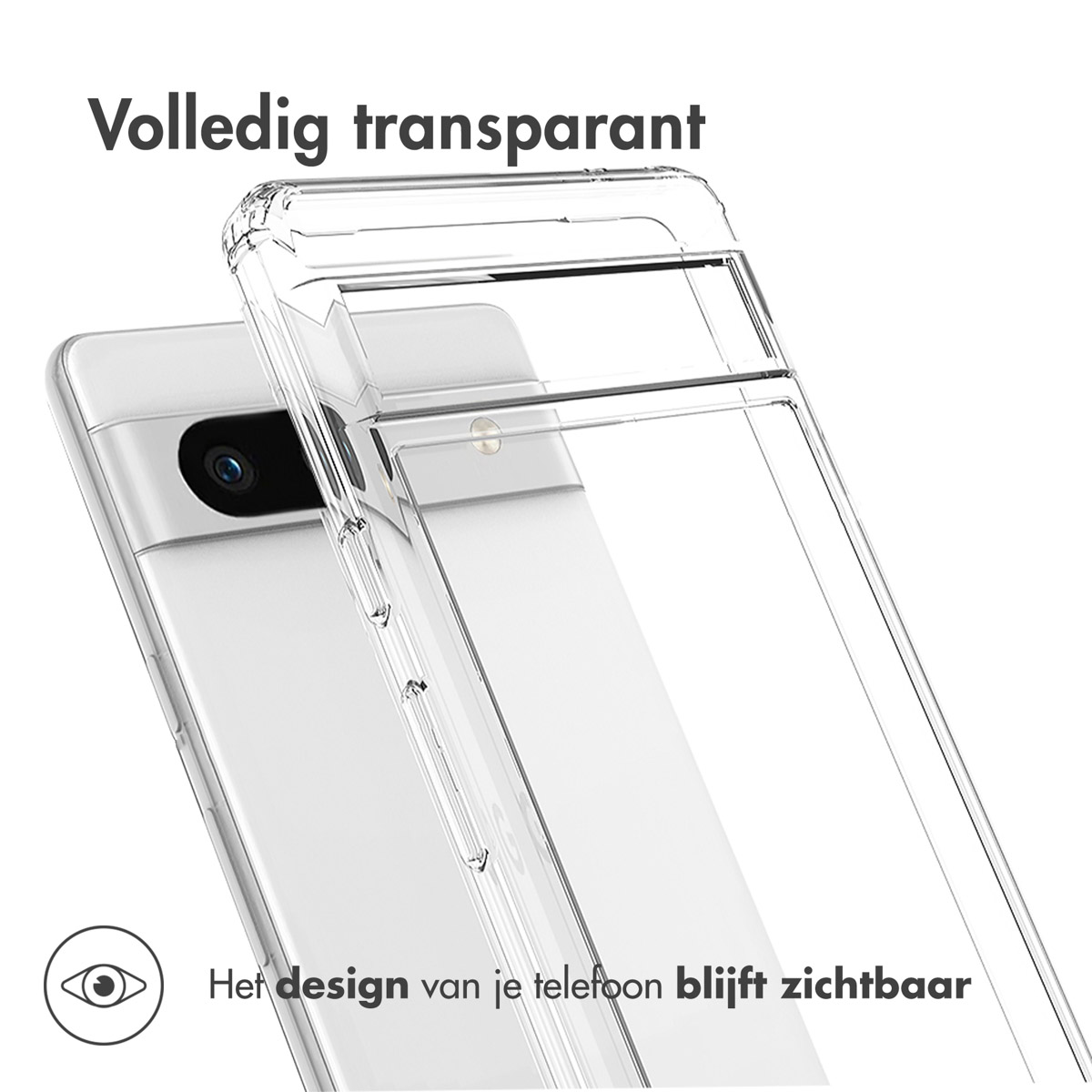 Custodia per telefono trasparente. Il telefono è visibile. Testo: Completamente trasparente. Il design del tuo telefono rimane visibile.