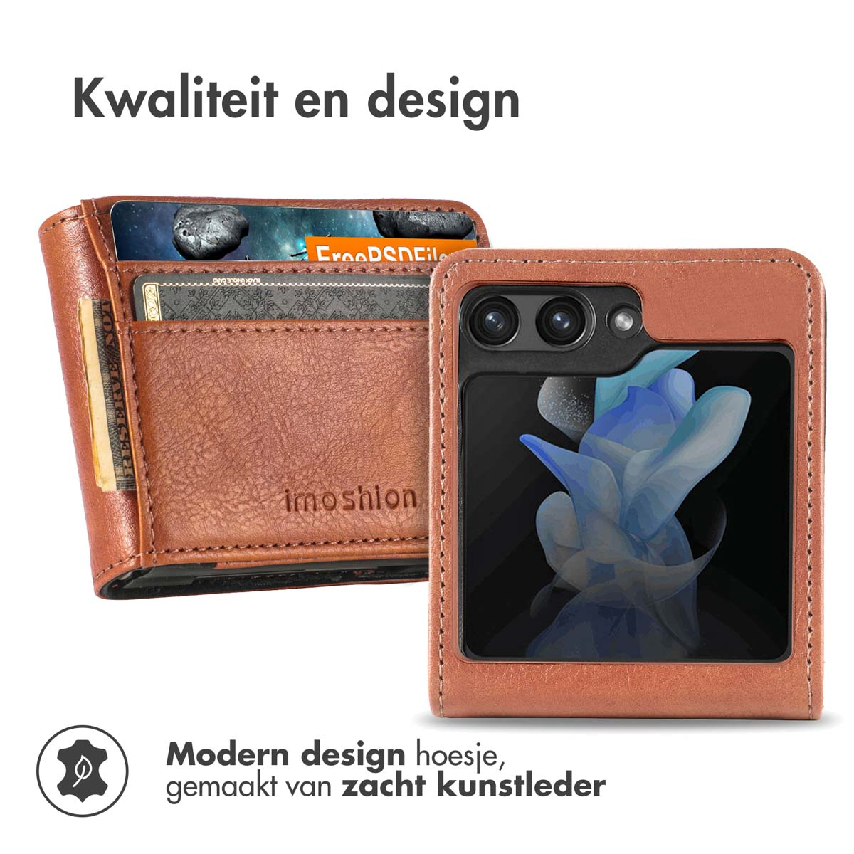 Portafoglio in pelle marrone e custodia per telefono con fiore blu.
