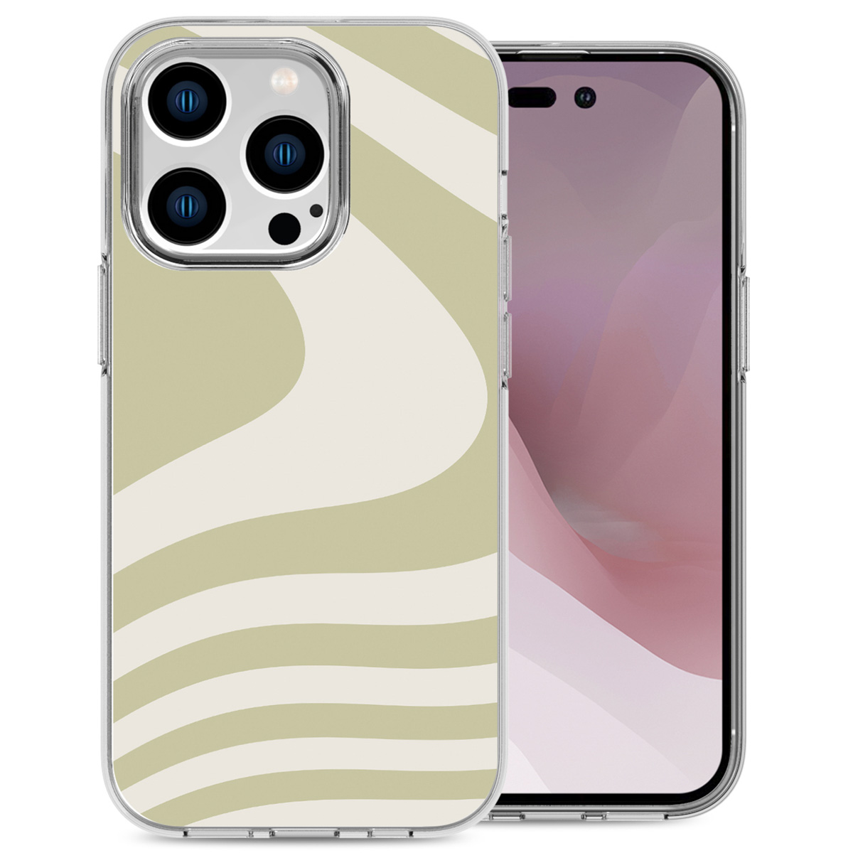 Custodia per telefono con motivo ondulato verde oliva e bianco. Un telefono è all'interno.