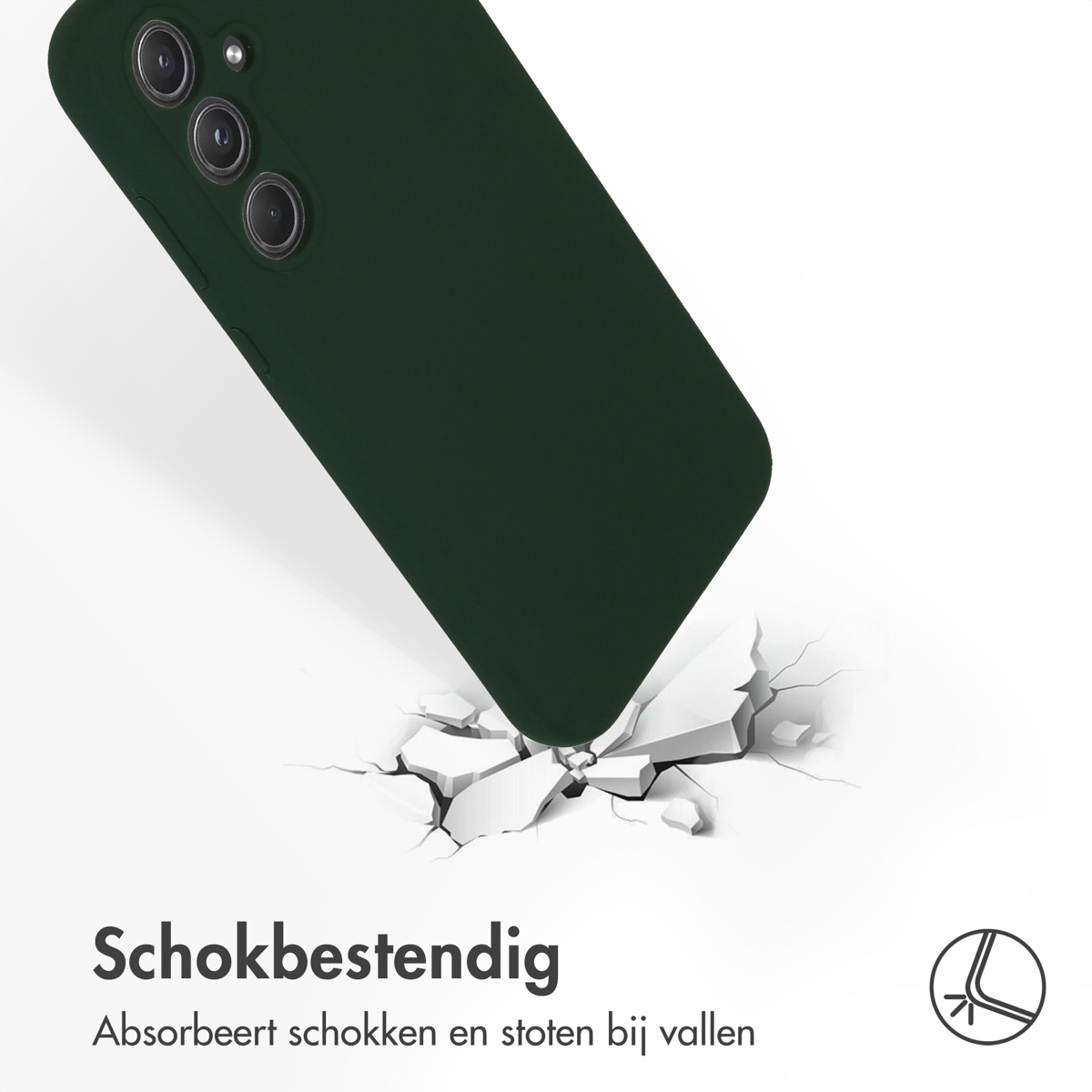 Donkergroene telefoonhoes met drie lenzen valt op gebroken grond.