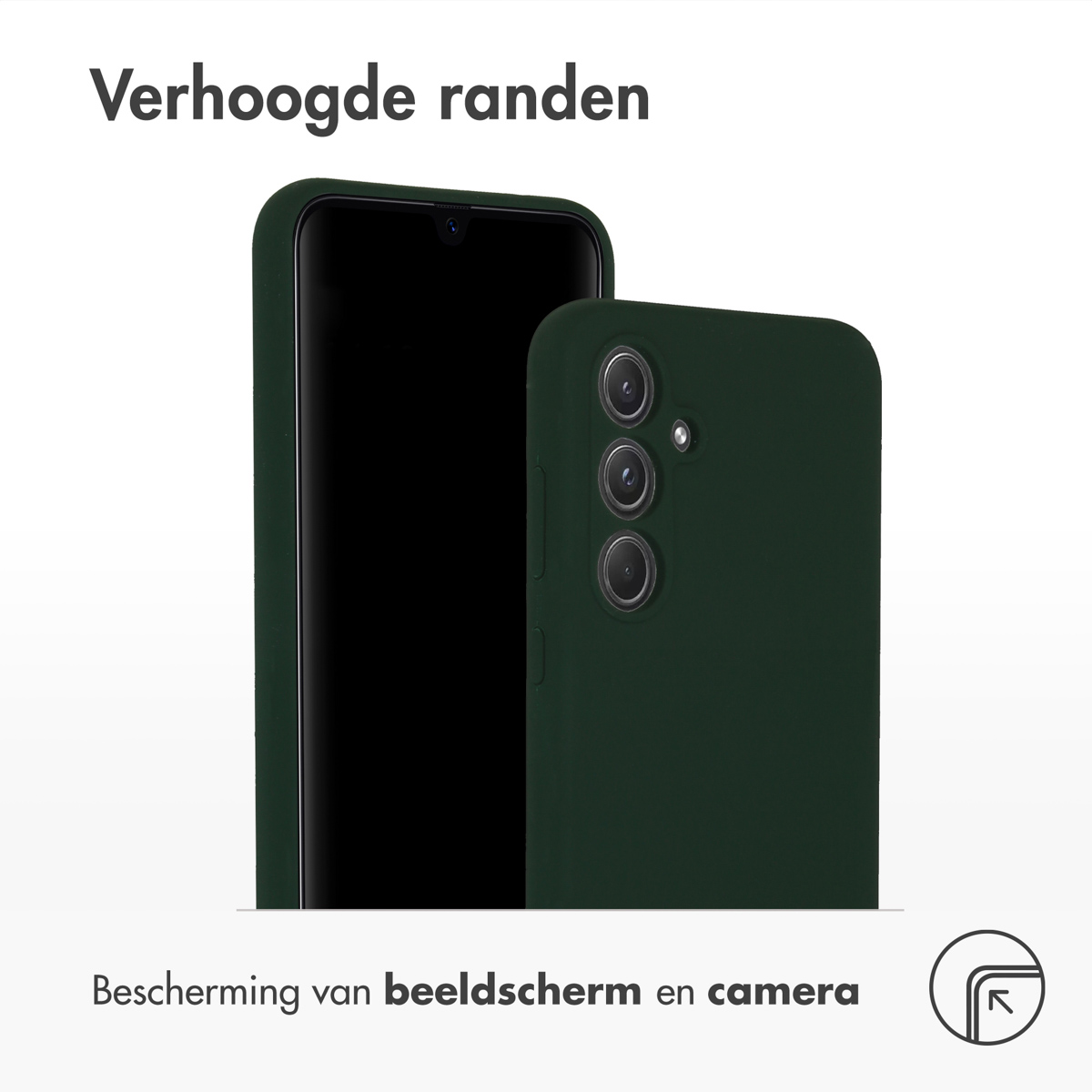 Donkergroene telefoonhoes met verhoogde randen beschermt scherm en camera.
