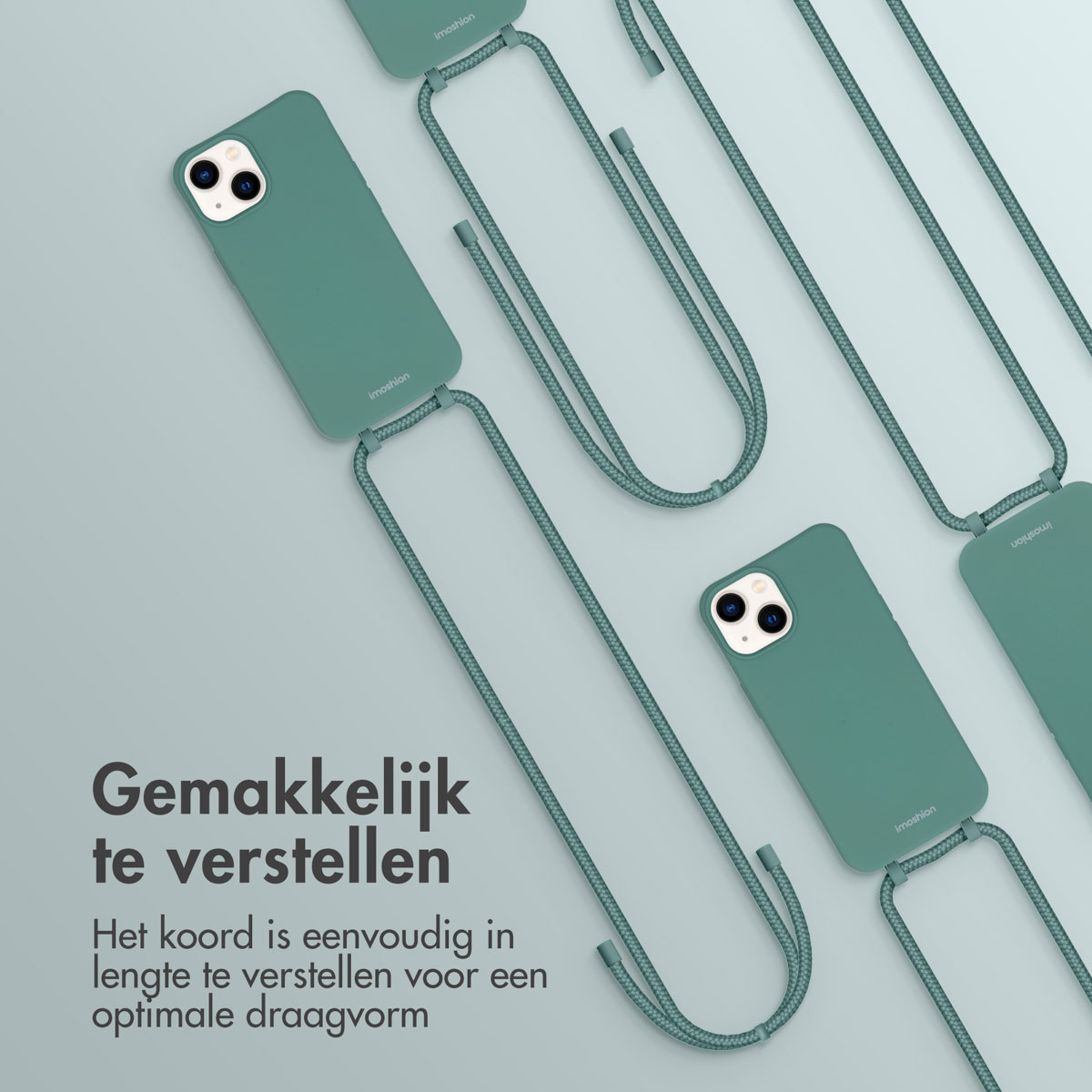 Plusieurs téléphones dans des coques vertes avec des cordons.