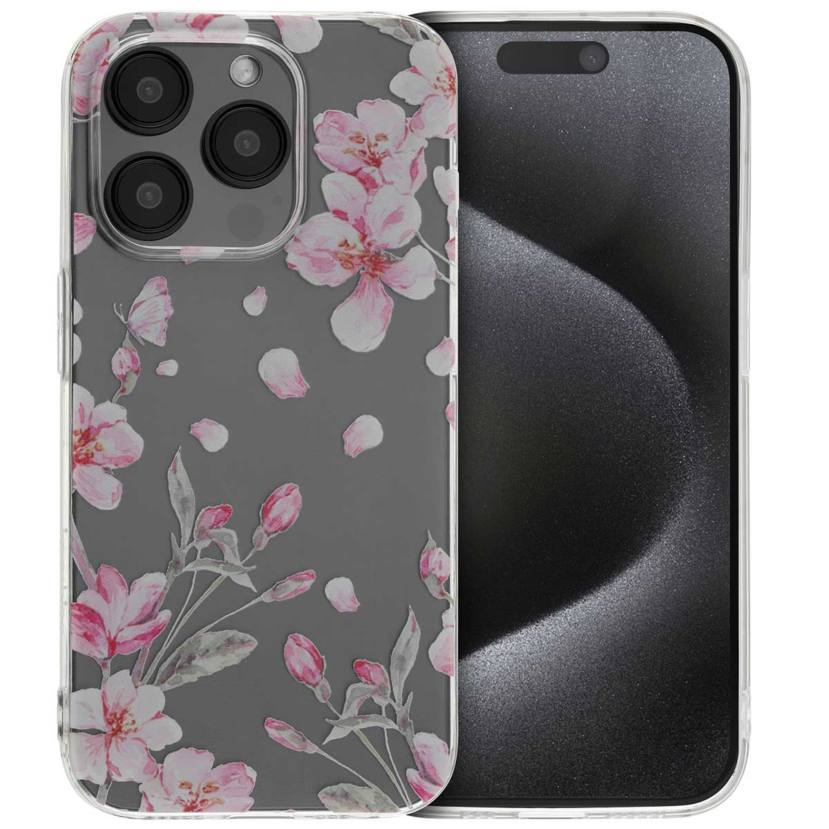Telefoonhoesje met roze bloemenontwerp, bedekkend een telefoon met zwart scherm. Bloemen en bloemblaadjes sieren de hoes.
