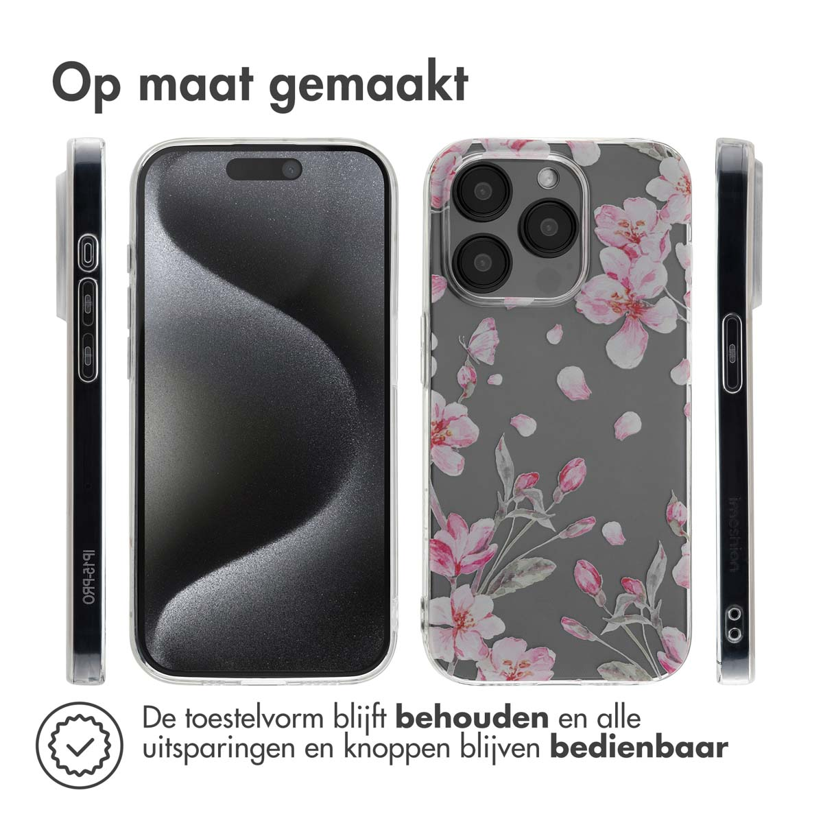 Telefoonhoesjes: Transparante hoes met roze bloemenpatroon en een telefoon met zwart scherm, de zijkanten van de hoes.