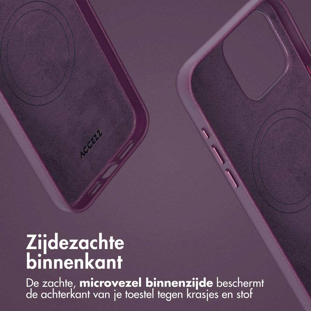Interno della custodia del telefono, colore viola. Testo 'Zijdezachte binnenkant'.