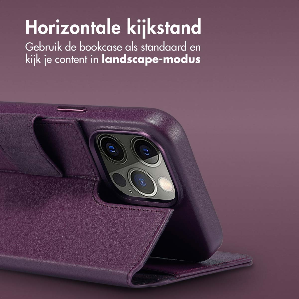 Custodia per telefono viola, aperta, che mostra il telefono. La custodia è piegata in modalità orizzontale.