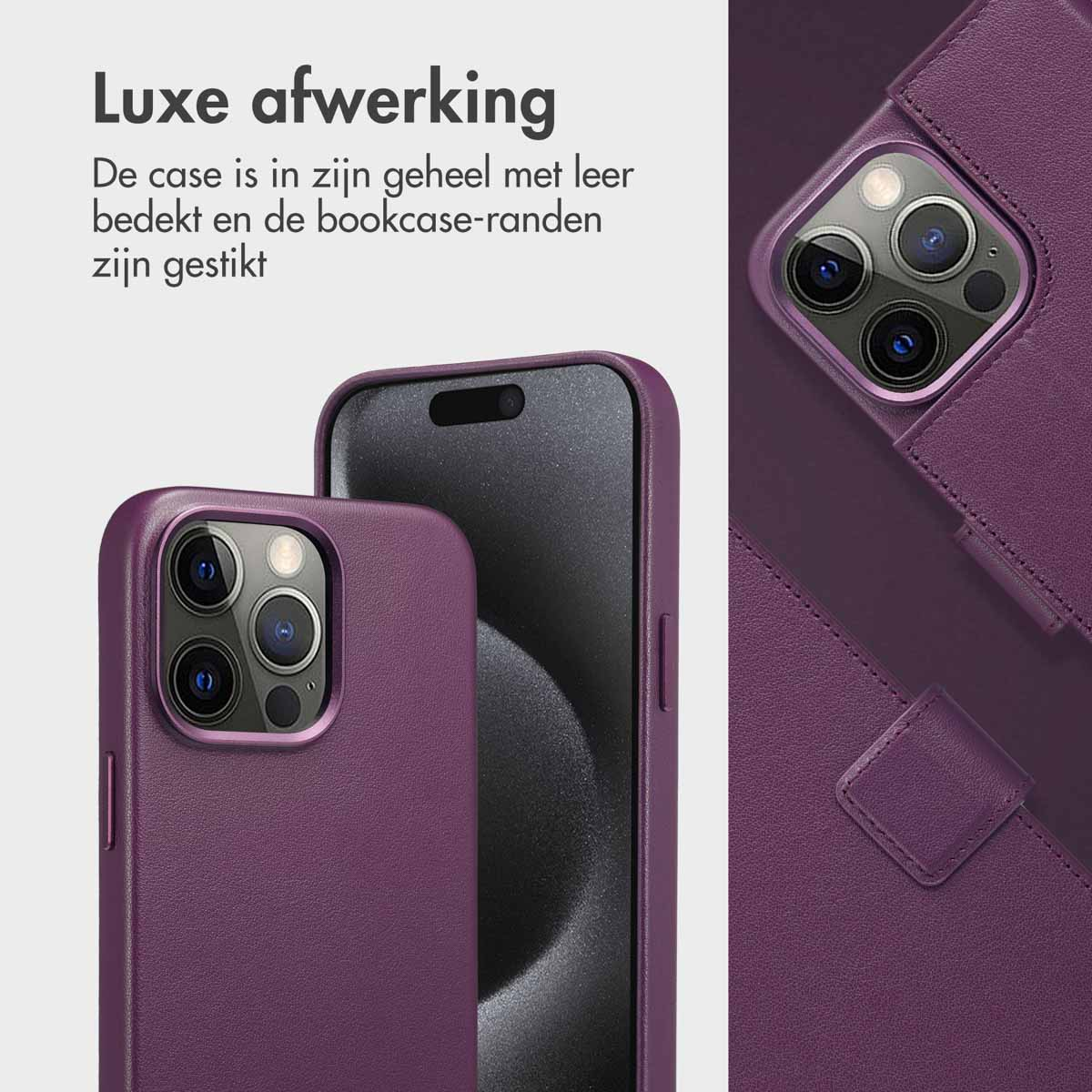 Custodia per telefono in pelle viola con telefono all'interno e cuciture dettagliate.