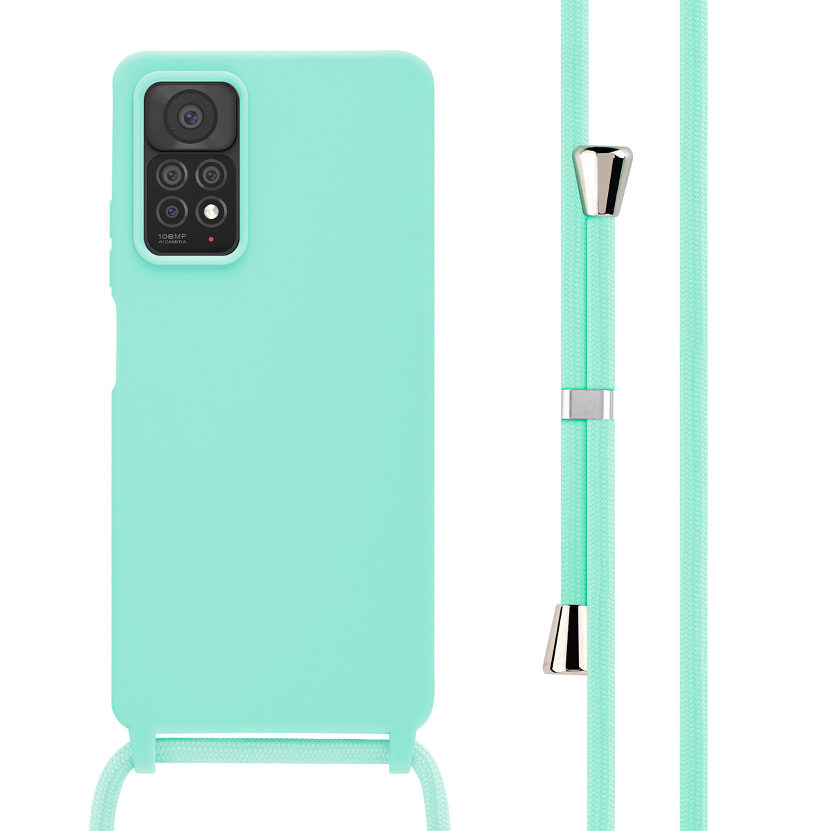 Custodia per telefono con cordino. Il telefono e la custodia sono verdi. Il cordino è verde.