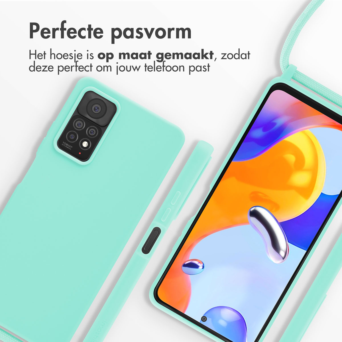Una cover per telefono verde menta e uno smartphone con schermo colorato.