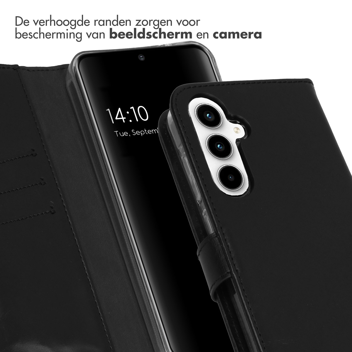 Coque noire avec un téléphone, montrant l'écran et la caméra.