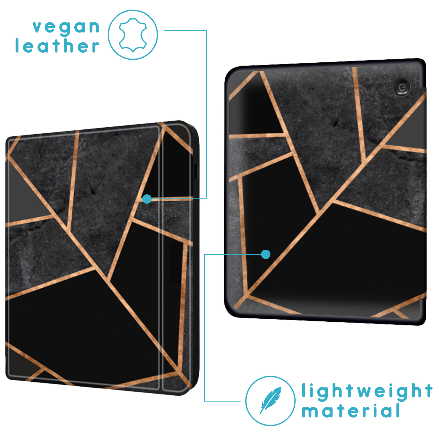 Coque noire avec motif géométrique marbre et lignes dorées.