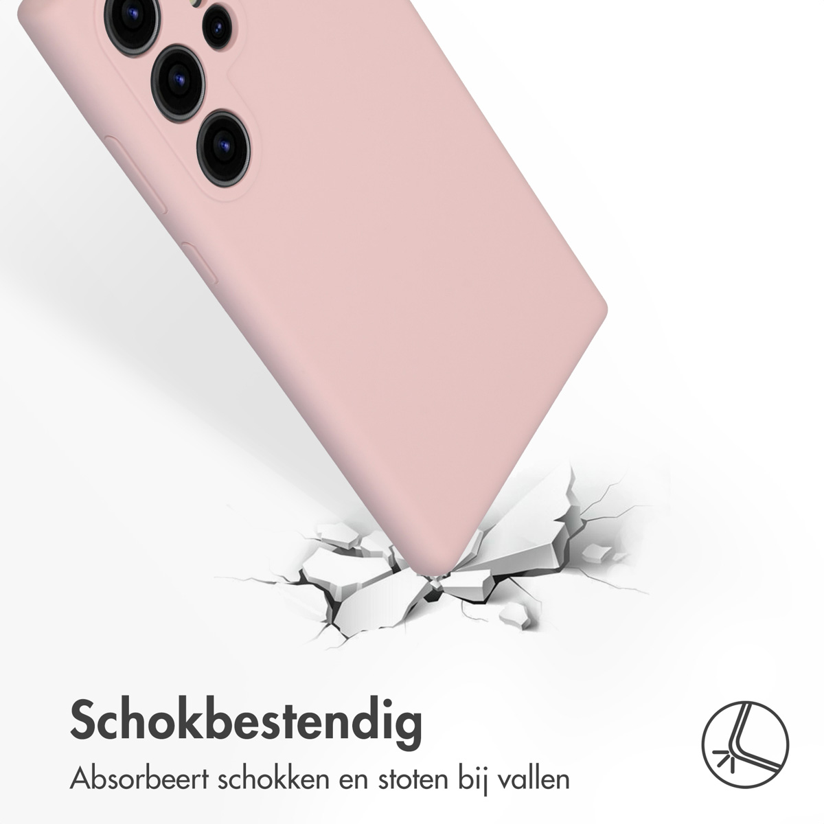 Een roze telefoon in de lucht, die op de grond valt en de impactschade laat zien.