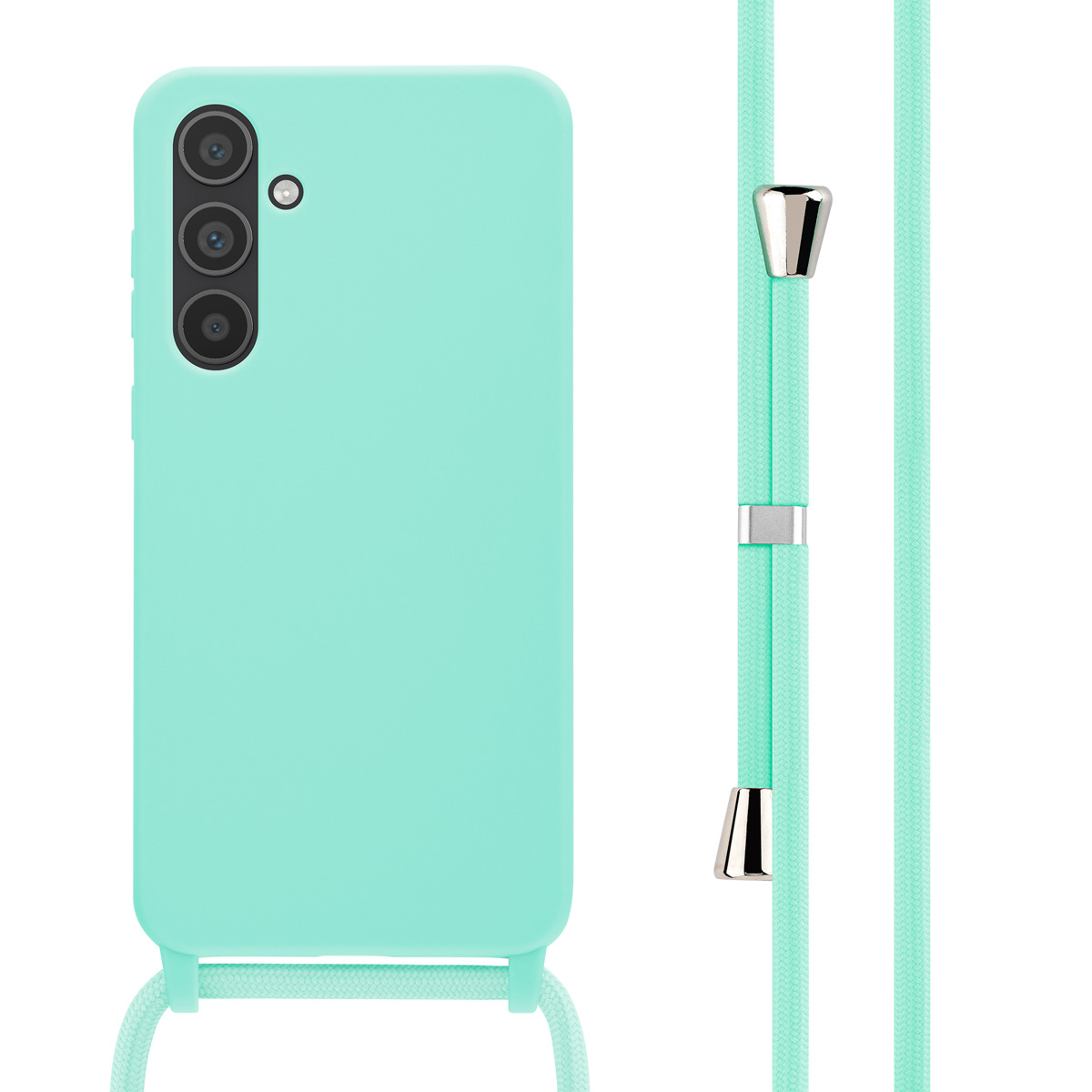Mintgroen telefoonhoesje en koord. Het telefoonhoesje heeft een camera. Het koord is groen.
