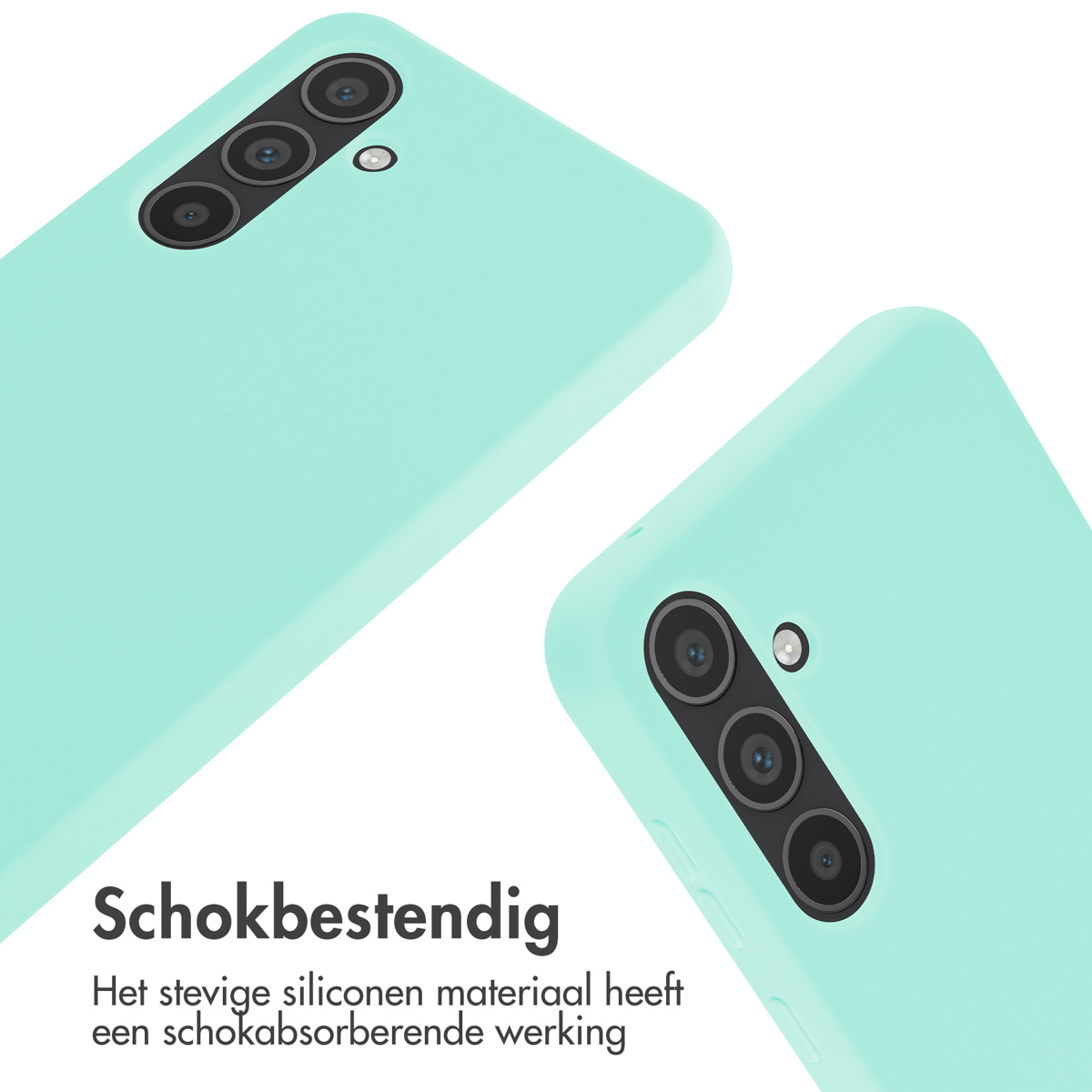 Twee turquoise telefoonhoesjes met cameralenzen en flitser op witte achtergrond.
