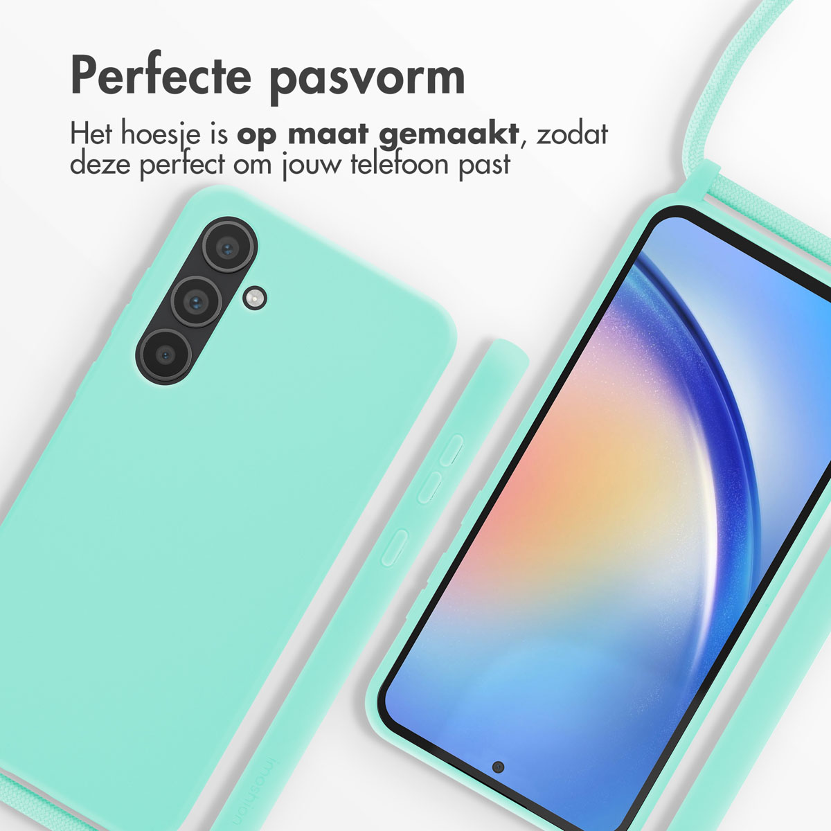 Turquoise telefoonhoesje en telefoon naast elkaar op witte achtergrond.
