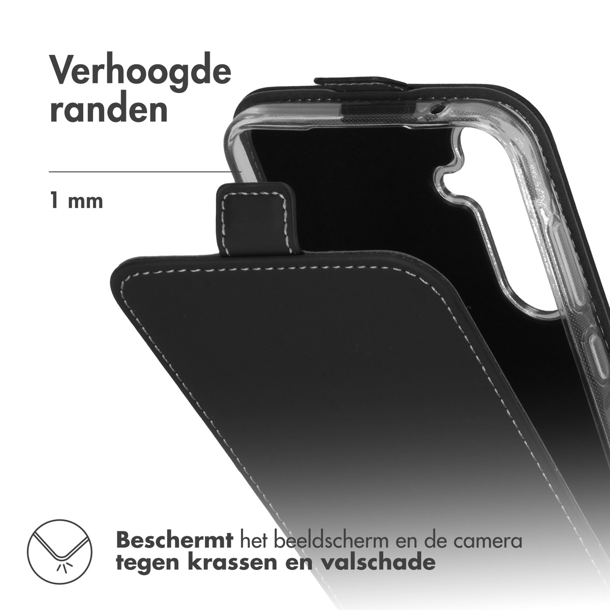 Coque de téléphone noire avec un téléphone à l'intérieur. L'étui est ouvert, montrant un écran.