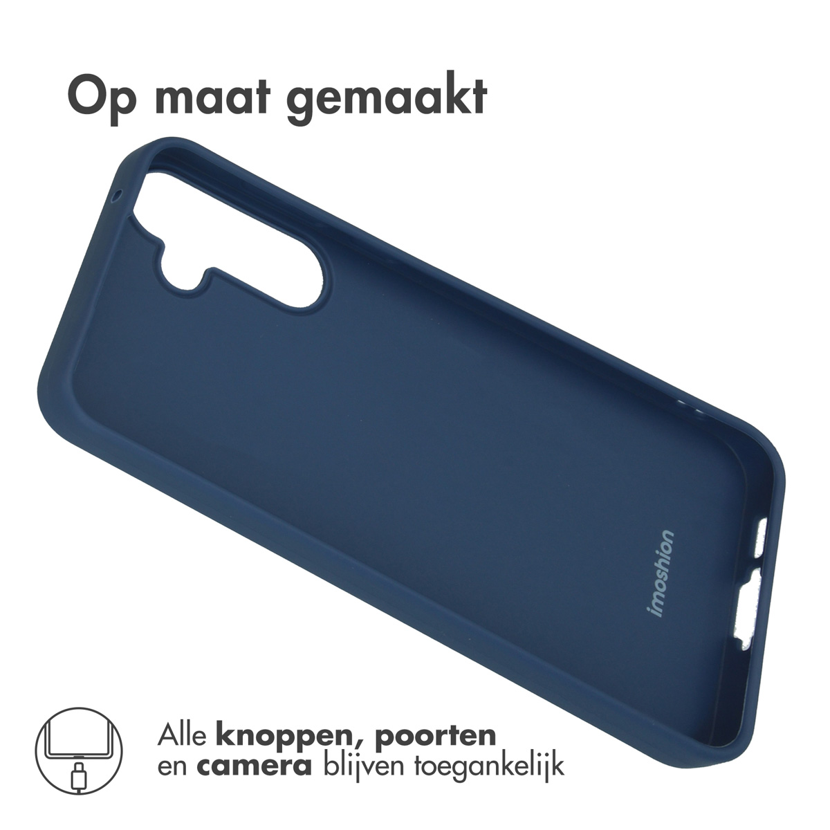 Coque de téléphone bleu foncé avec découpes pour appareil photo et ports.