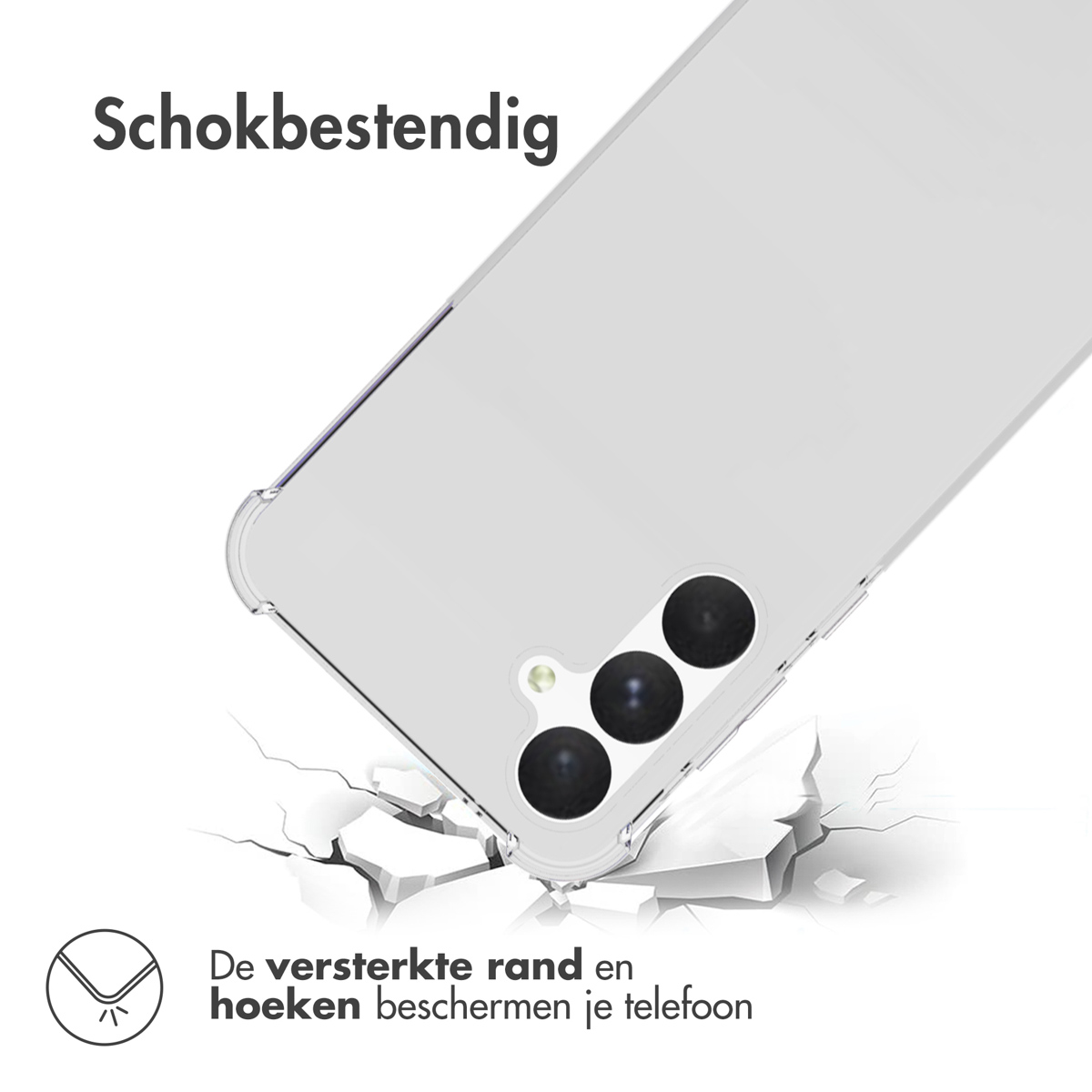 Transparante telefoonhoes op gebarsten oppervlak. Tekst: Schokbestendig. De versterkte rand en hoeken beschermen je telefoon.