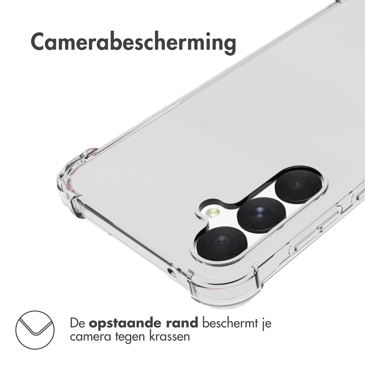 Transparante telefoonhoes met telefoon erin. Toont verhoogde randen die de camera beschermen.