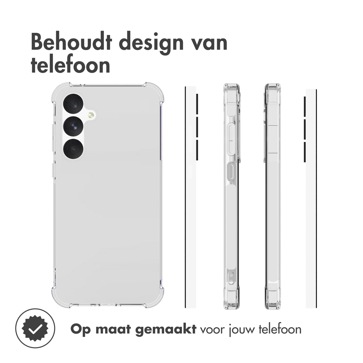 Transparante telefoonhoes, die de telefoon en het ontwerp laat zien.