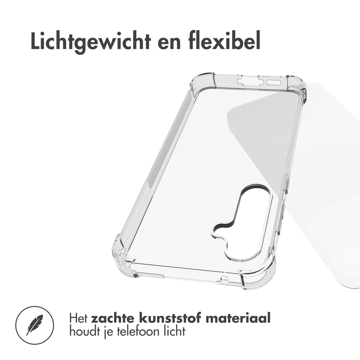 Een doorzichtige telefoonhoes. De hoes is doorzichtig. Een schaduw van de telefoon ligt op het oppervlak. De hoes is licht.