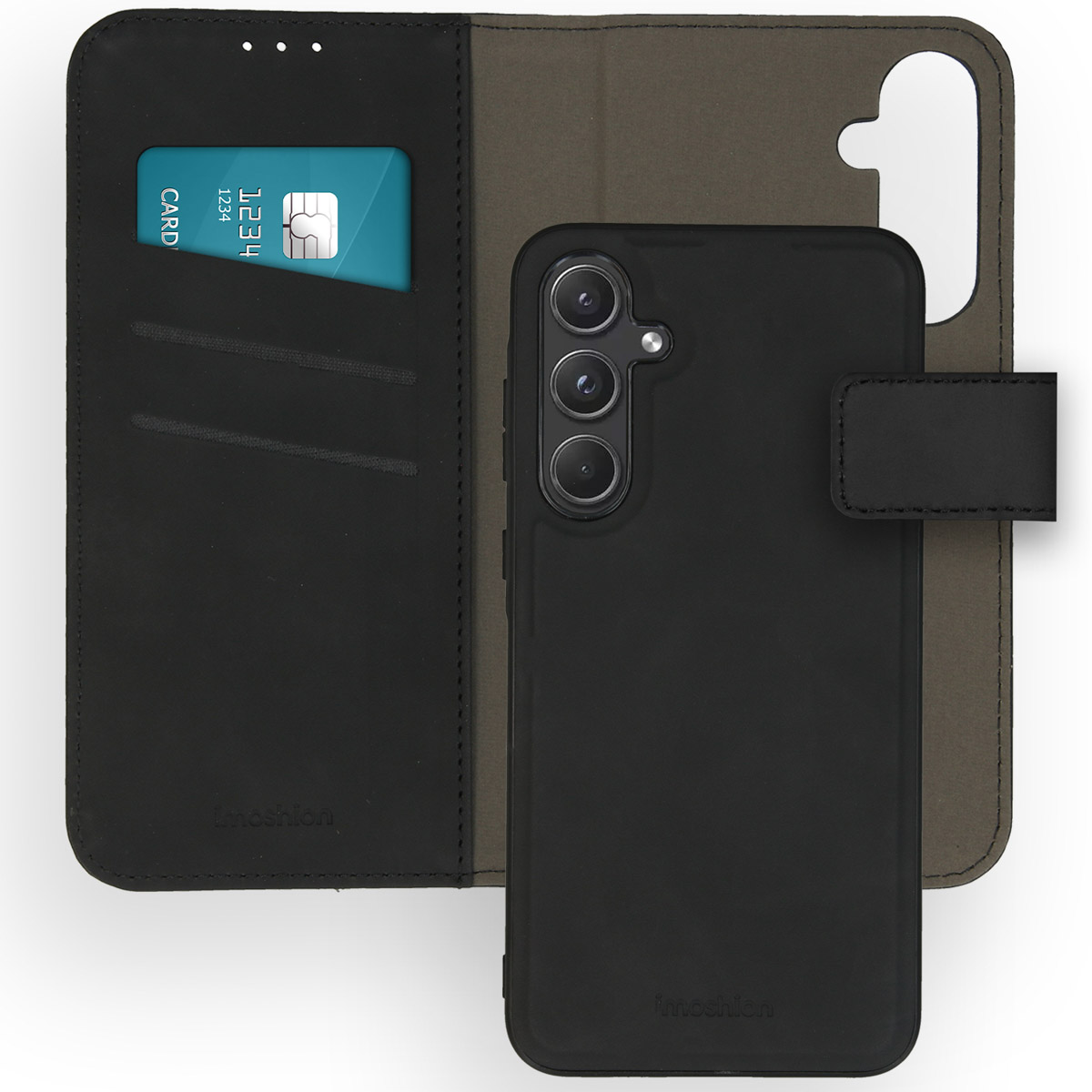 Zwarte telefoonhoes, open, met telefoon en creditcard.