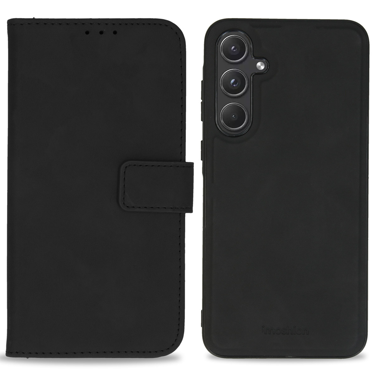 Zwarte flipcase en een zwarte telefoonhoes naast elkaar.