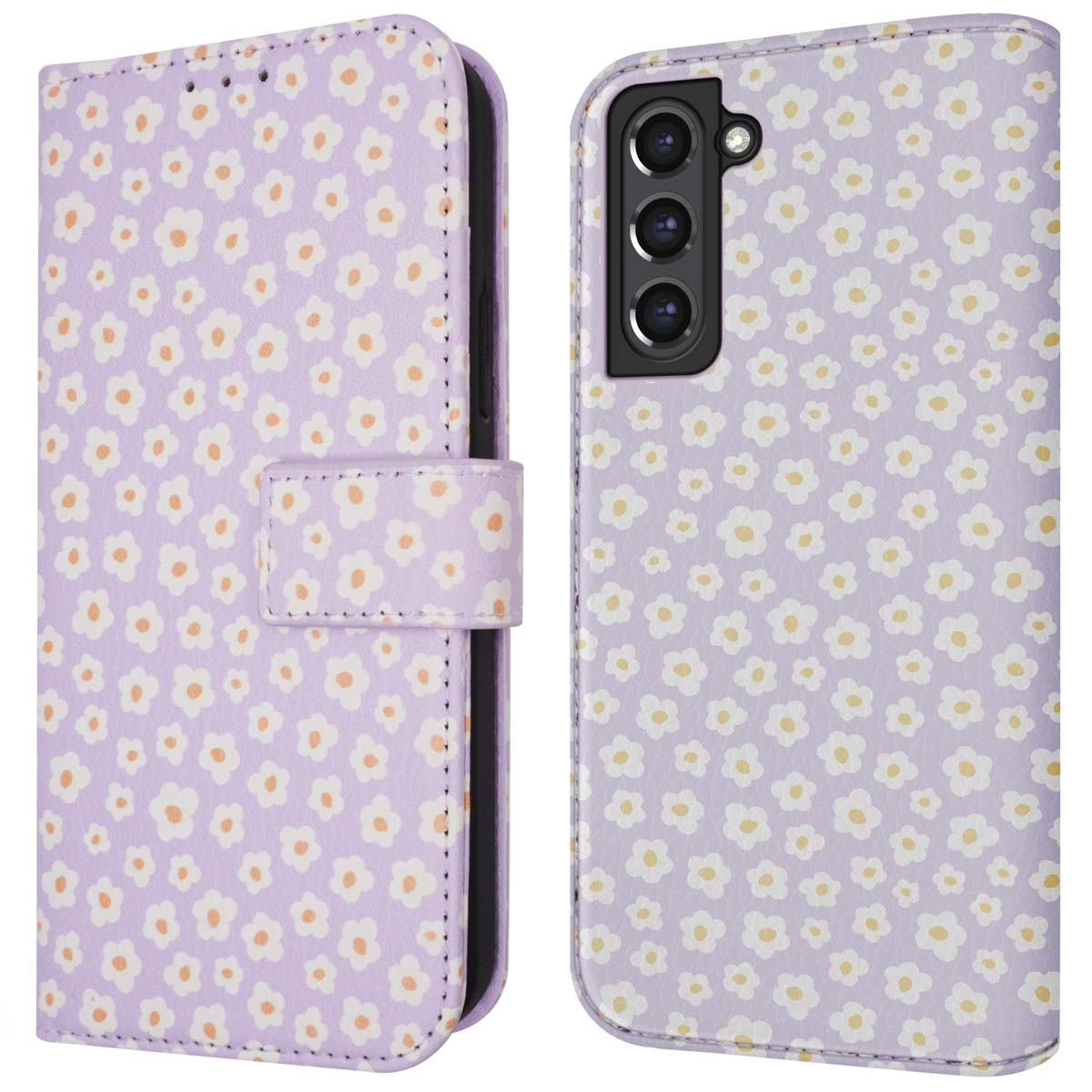 Telefoon met bloemenpatroonhoesje. Witte bloemen op paars hoesje.