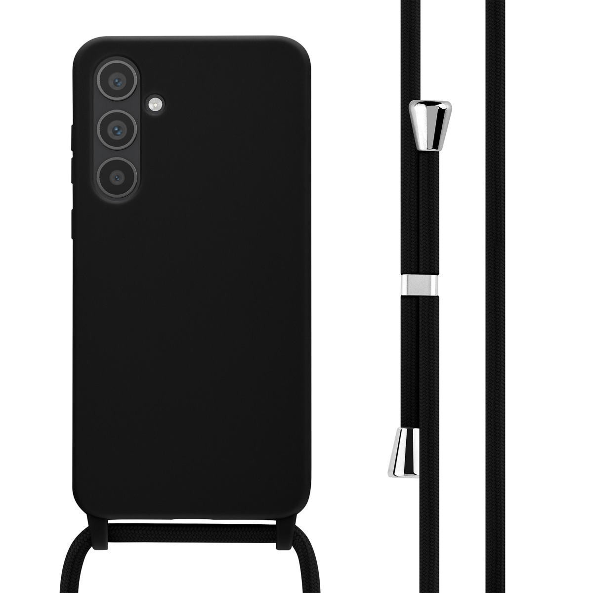 Coque de téléphone noire avec une caméra, avec un cordon noir attaché. Fond blanc.