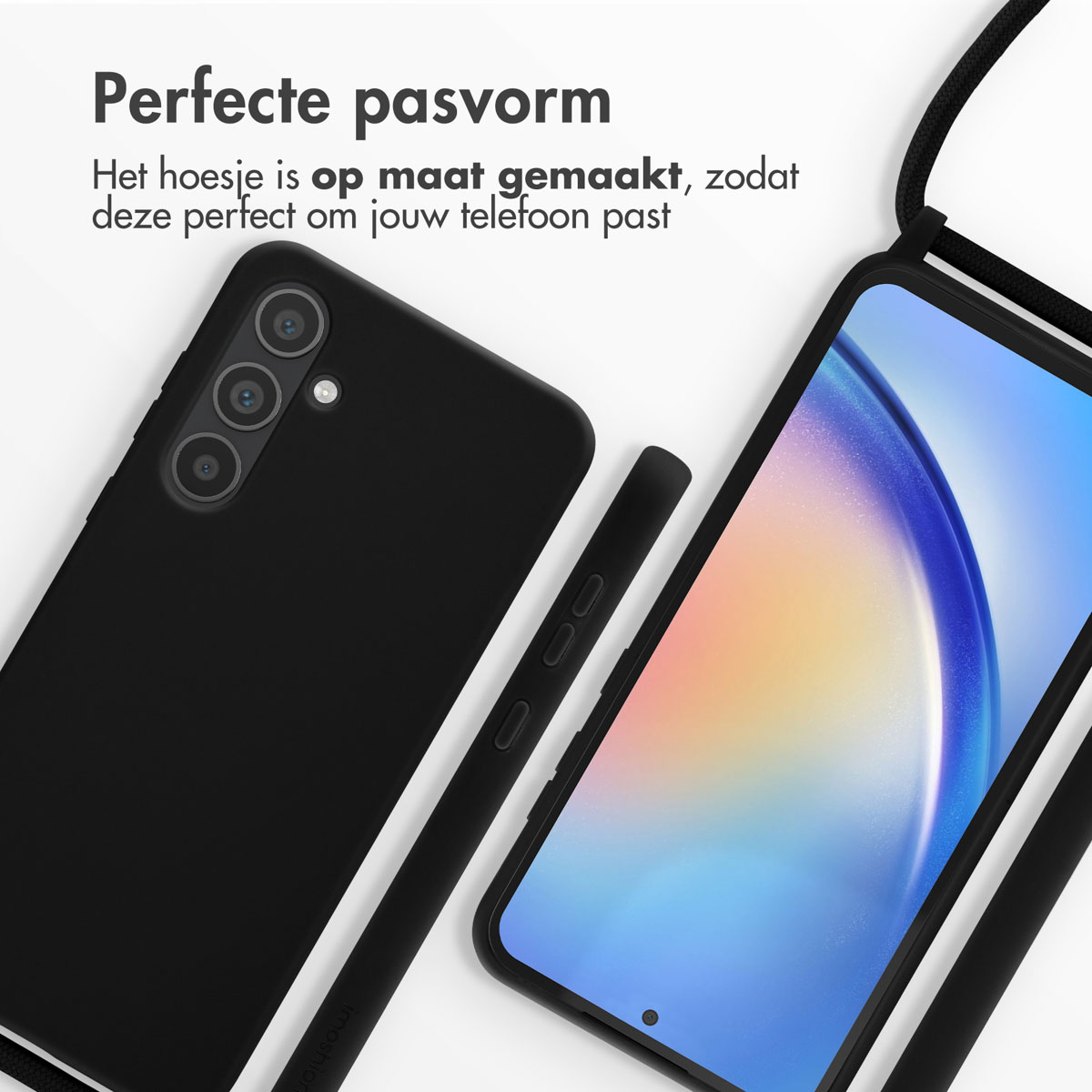 Coque de téléphone noire et téléphone avec écran coloré, gros plan.