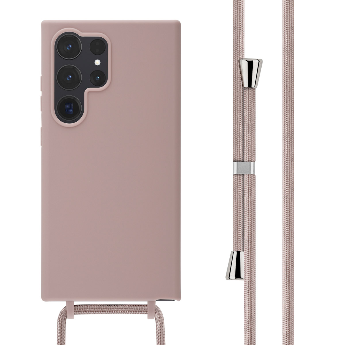 Una custodia per telefono rosa con una cinghia che pende. La custodia è rosa.