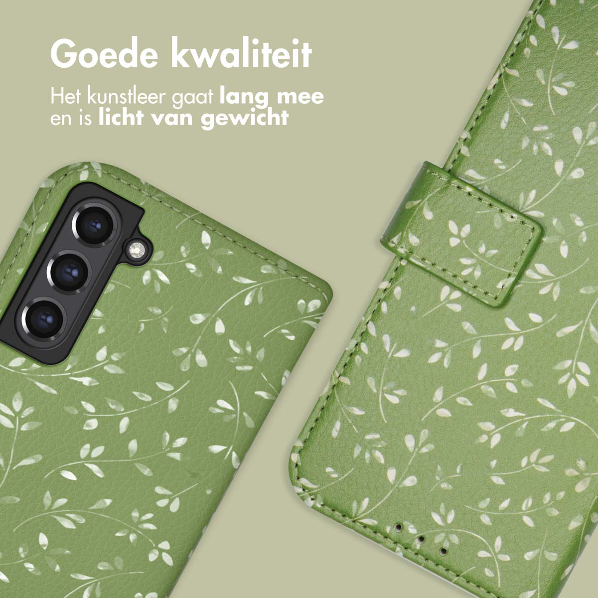 Coque de téléphone verte à motif de feuilles. Montre la caméra et le fermoir.