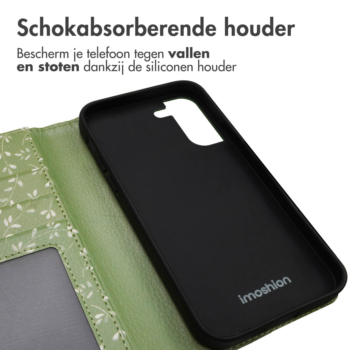 Un étui noir pour téléphone à côté d'un étui portefeuille ouvert en cuir vert.
