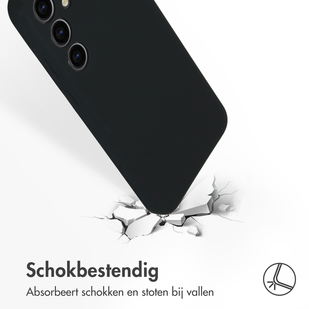 Coque noire impactant une surface, la fissurant. Texte : 'Antichoc. Absorbe les chocs'.