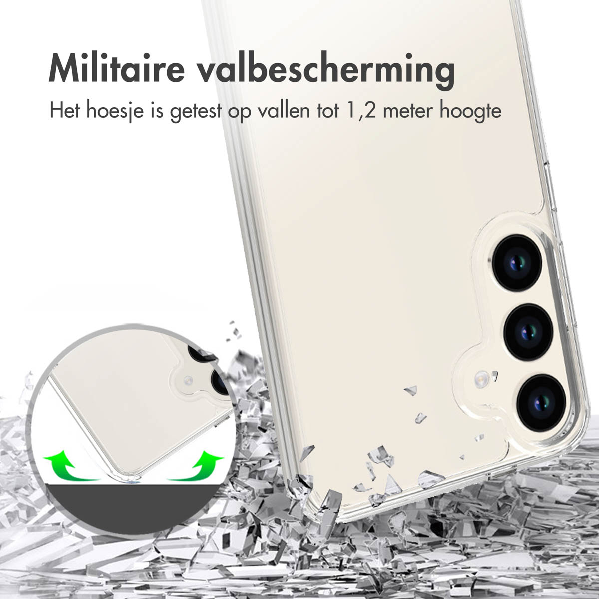 Eine transparente Handyhülle mit Eckendetail und Handyhülle auf Metallsplittern.