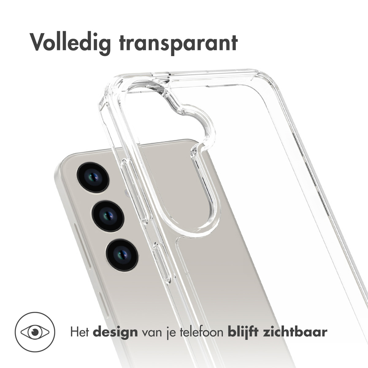 Custodia trasparente che mostra un telefono con tre fotocamere. Il design rimane visibile.