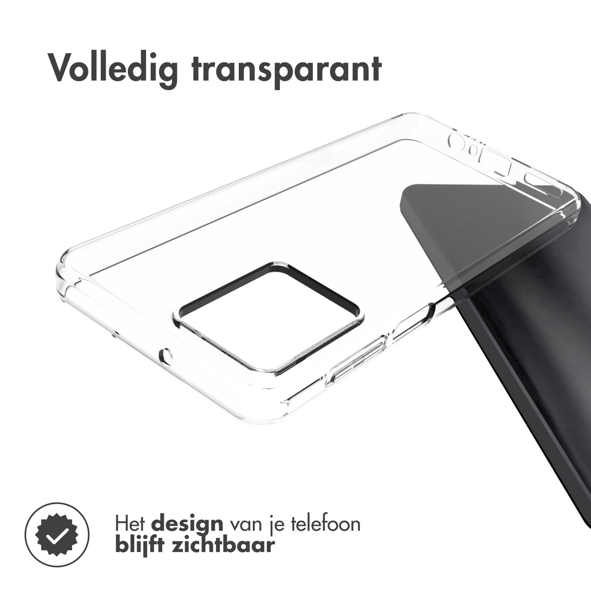 Custodia trasparente, che mostra il design del telefono, con rettangolo nero.