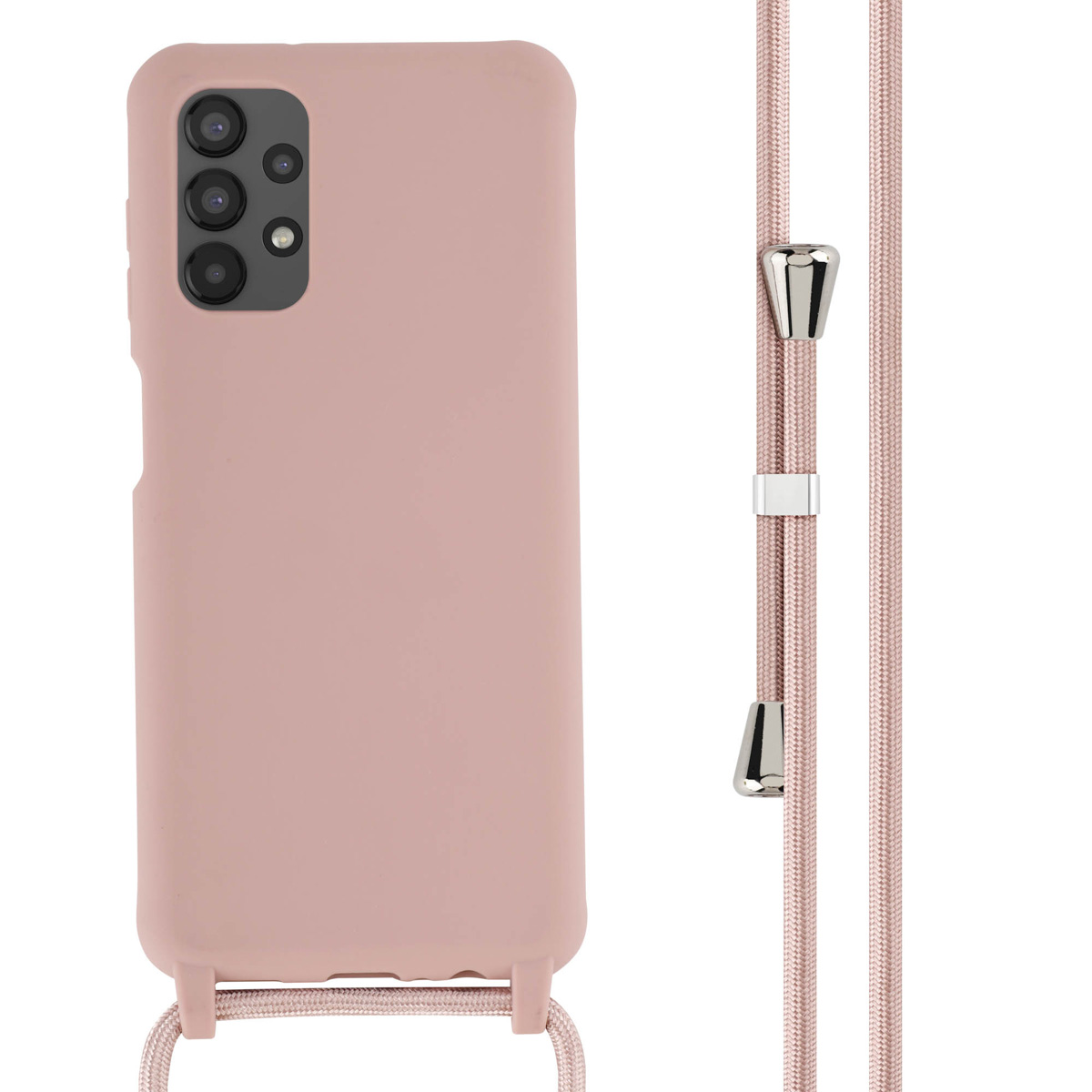 Pink phone case with camera lenses and pink cord necklace. The case has a lanyard attachment.