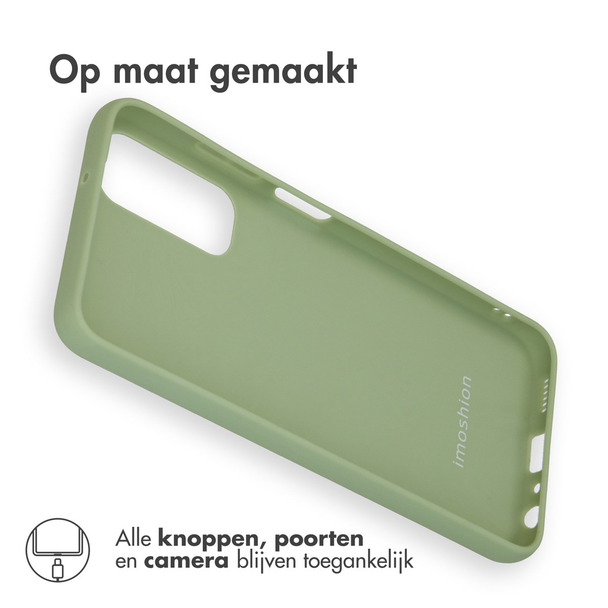 Lichtgroene telefoonhoes met uitsparingen voor poorten en camera.