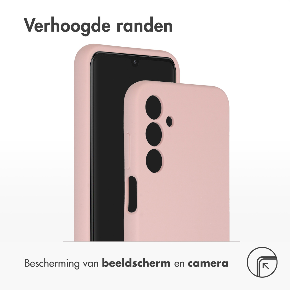 Roze telefoonhoes en telefoon. Tekst: 'Verhoogde randen'. Bescherming van scherm en camera wordt getoond.