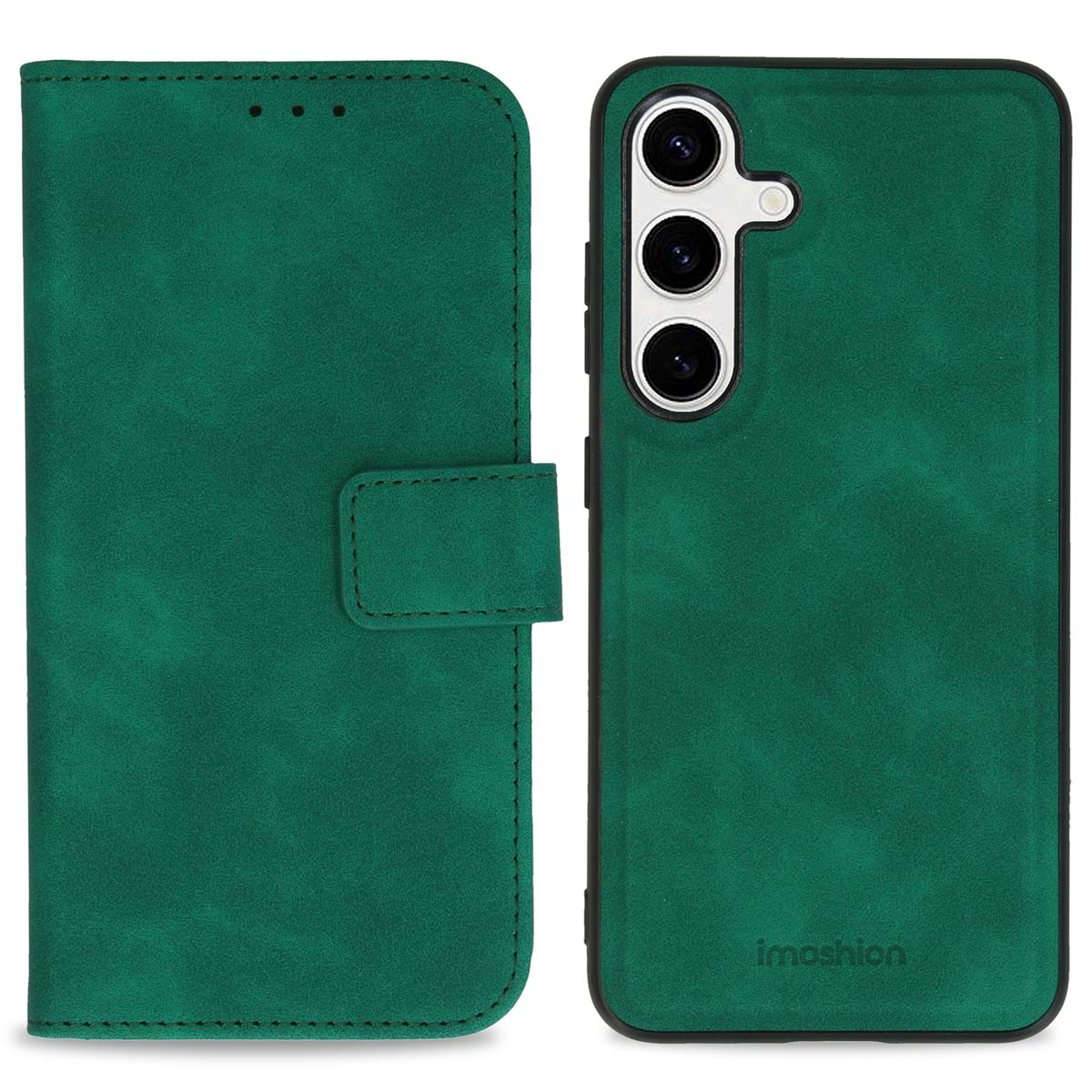 Étui de téléphone vert à rabat et une coque arrière assortie.