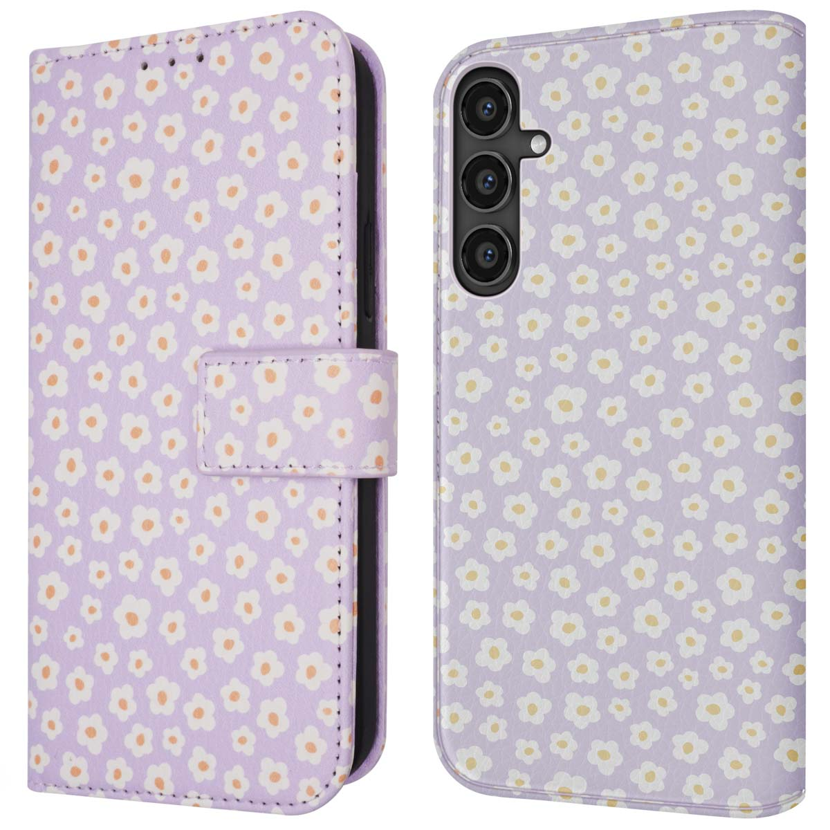 Coque de téléphone violette avec motif de marguerites et un téléphone. L'avant montre le motif de marguerites.
