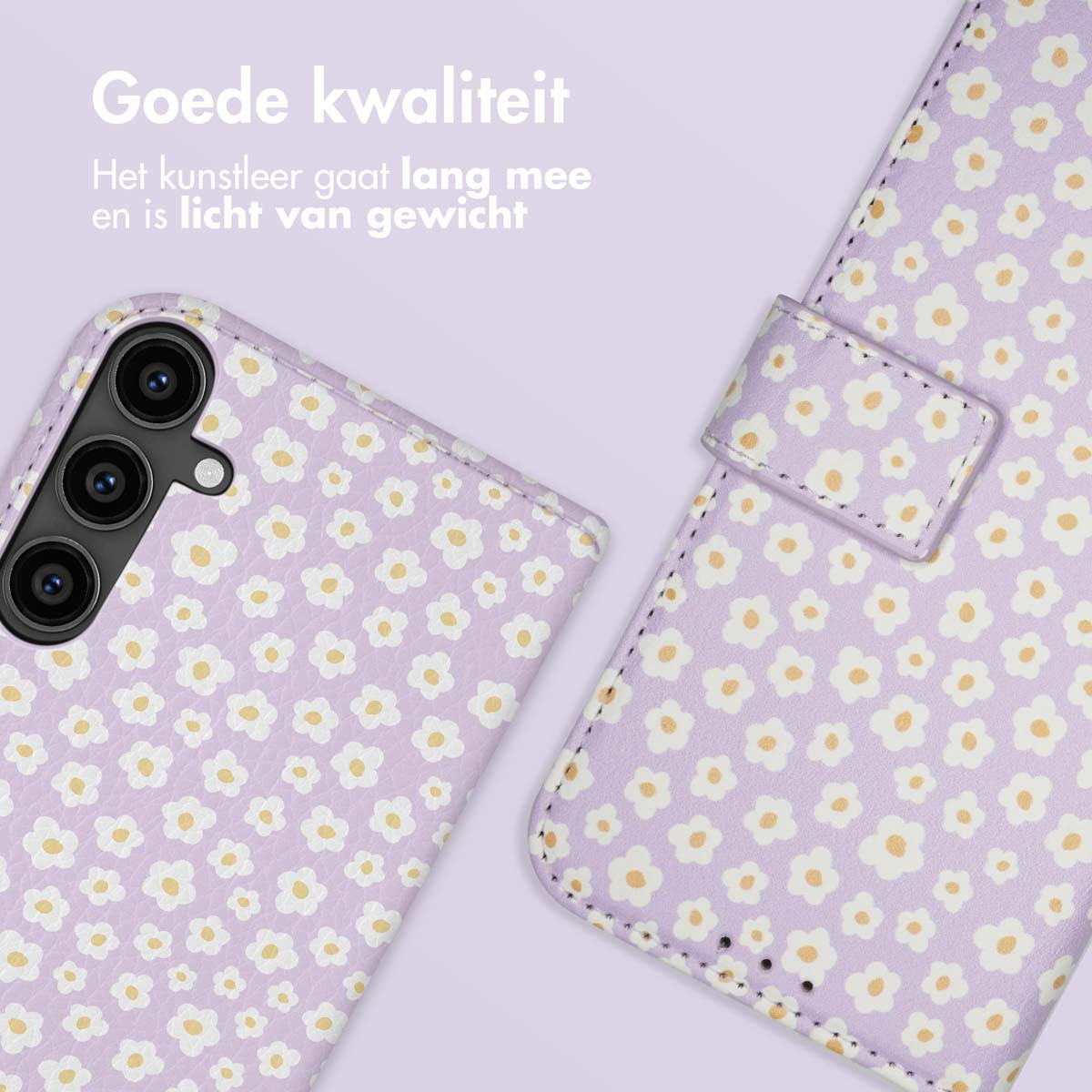 Étui de téléphone violet à motif floral blanc et jaune et découpe caméra.