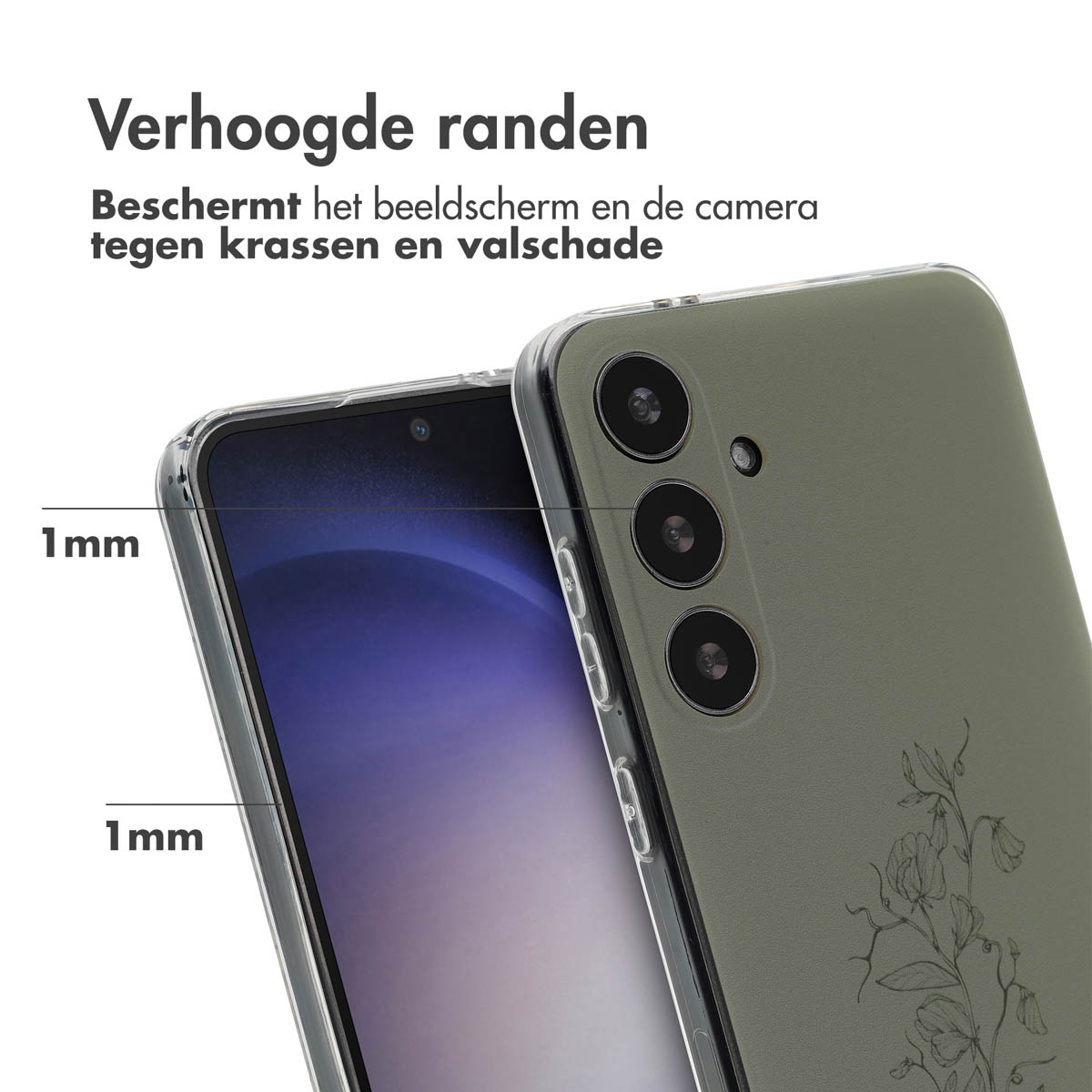 Coque de téléphone verte avec un téléphone à l'intérieur. La coque est ouverte, montrant l'écran et le motif de fleurs.