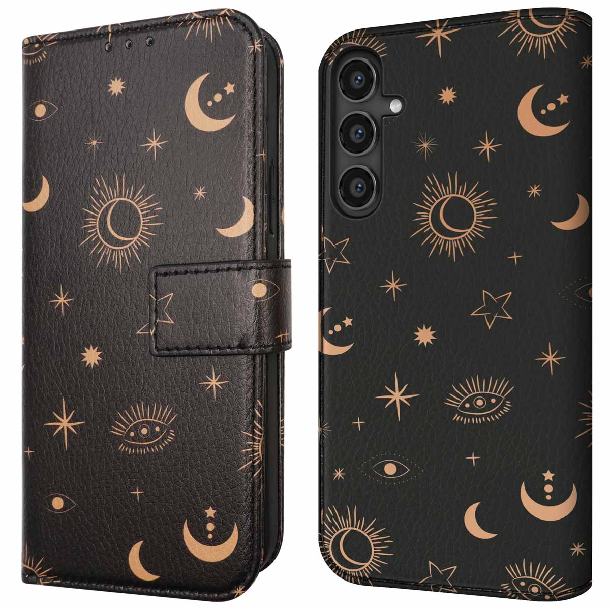 Zwarte telefoonhoes met gouden zon, maan en ster patronen.