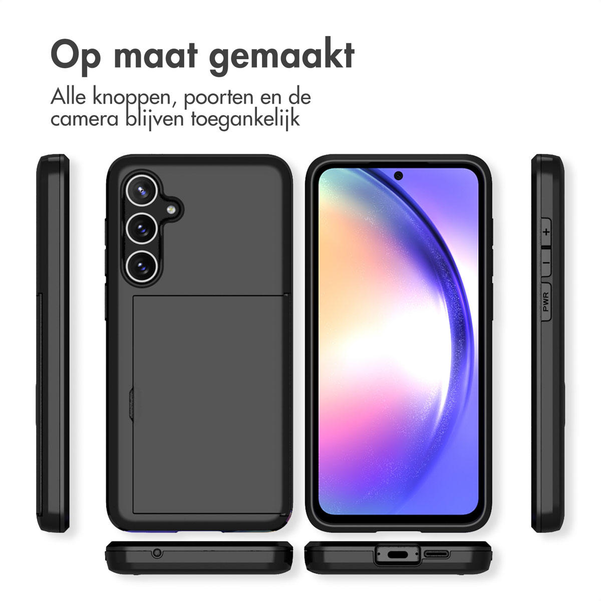 Zwarte telefoonhoes met meerdere weergaven. Telefoon staat centraal. Tekst: Op maat gemaakt.