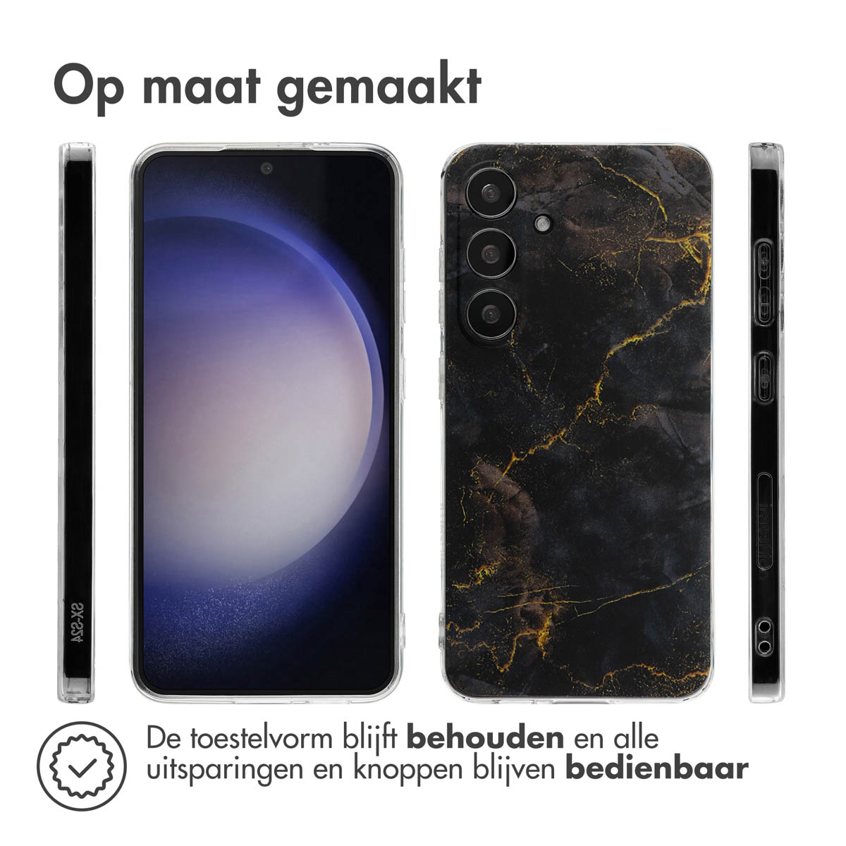 Een zwarte marmeren telefoonhoes met een telefoon erin. De hoes wordt getoond.