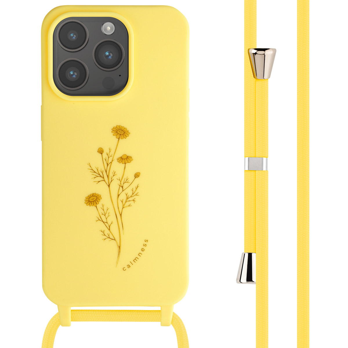 Gele telefoonhoes met madeliefjesontwerp en een geel touw. De telefoon hangt in een touw.