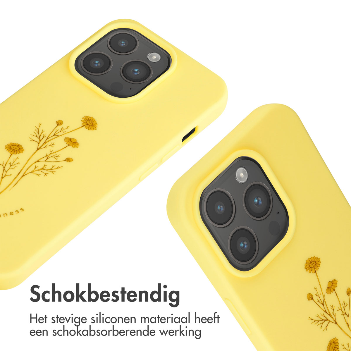 Twee gele telefoonhoesjes met bloemenprint en cameramodule.
