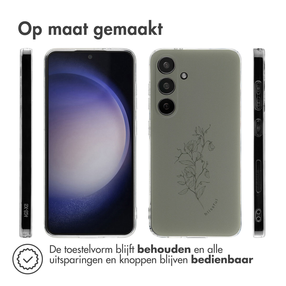 Telefoon in olijfgroene hoes, de hoes wordt in verschillende aanzichten getoond. De hoes heeft een bloemenontwerp.